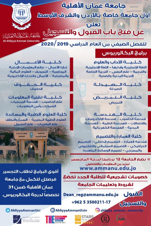 إعلان عن فتح باب القبول والتسجيل  في جامعة عمان الأهلية على الفصل الدراسي الصيفي من العام الجامعي  2019 – 2020