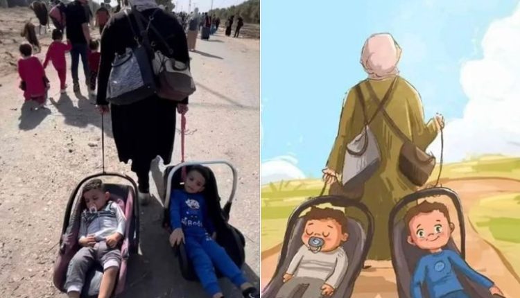 "الأم البطلة".. ملايين المشاهدات لسيدة غزاوية تسحب طفليها 5 ساعات متواصلة